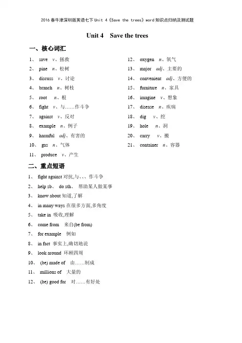 2016春牛津深圳版英语七下Unit 4《Save the trees》知识点归纳及测试题