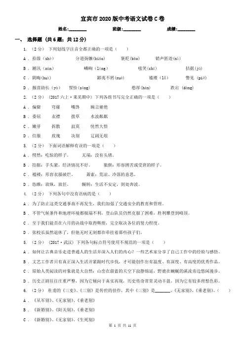 宜宾市2020版中考语文试卷C卷