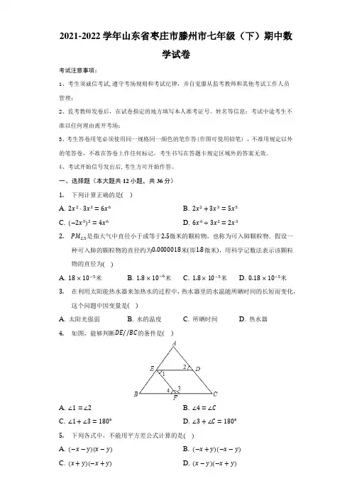 2021-2022学年山东省枣庄市滕州市七年级(下)期中数学试卷(解析版)