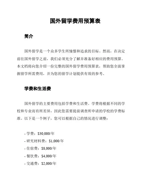 国外留学费用预算表