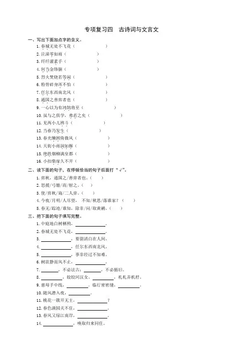 2020统编部编人教版六年级下册语文：专项复习四古诗词与文言文同步练习题