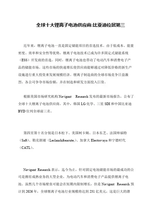全球十大锂离子电池供应商-比亚迪位居第三