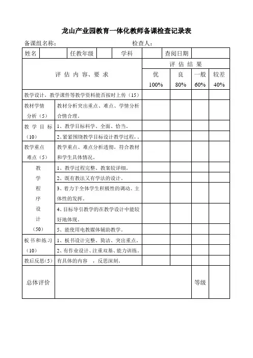 中小学教师备课检查记录表