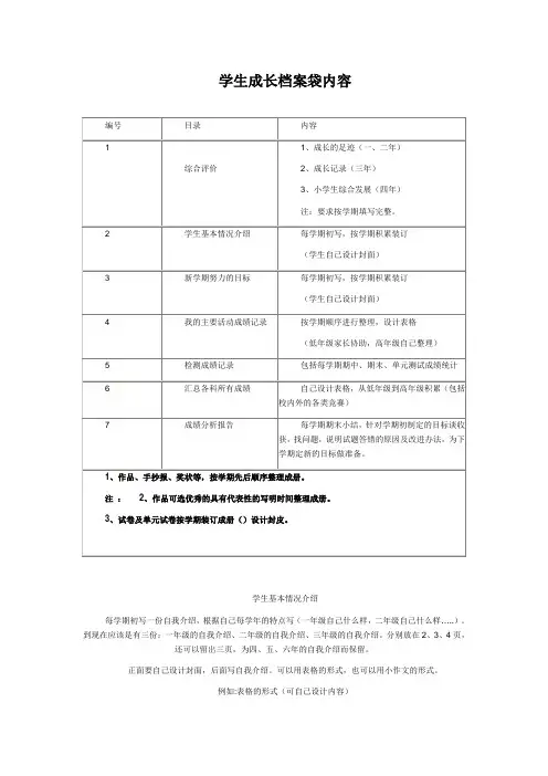 小学生成长记录袋内容