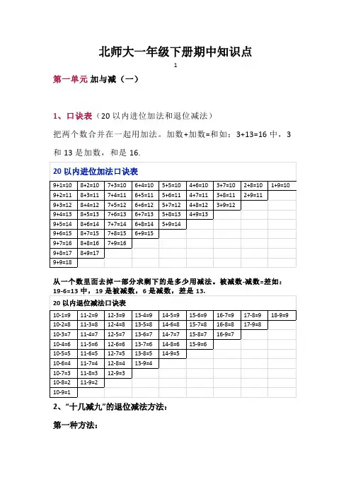 北师大一年级数学下册期中复习知识要点归纳及同步练习有答案