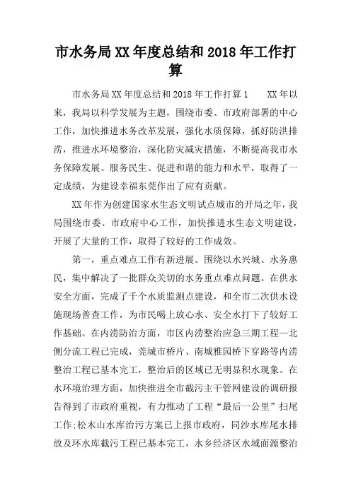 市水务局XX年度总结和2018年工作打算