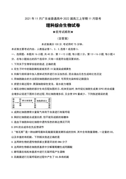 2021年11月广东省普通高中2022届高三上学期11月联考理科综合生物试卷及答案