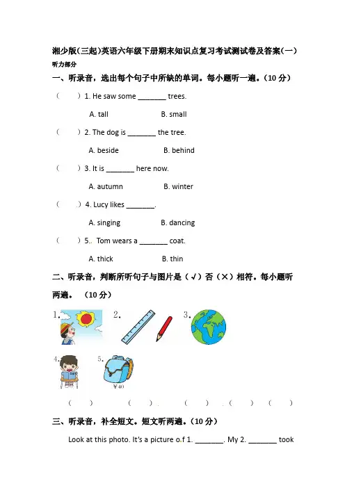 2020湘少版(三起)英语六年级下册期末小升初知识点复习考试测试卷及答案共六套