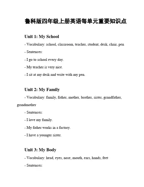 鲁科版四年级上册英语每单元重要知识点