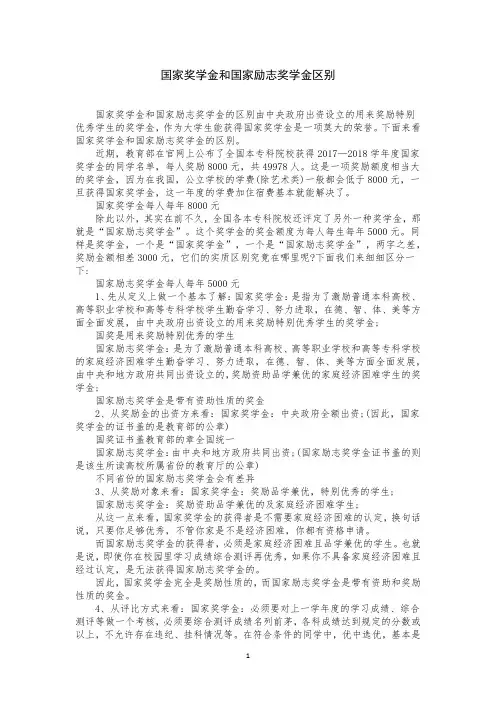 国家奖学金和国家励志奖学金区别