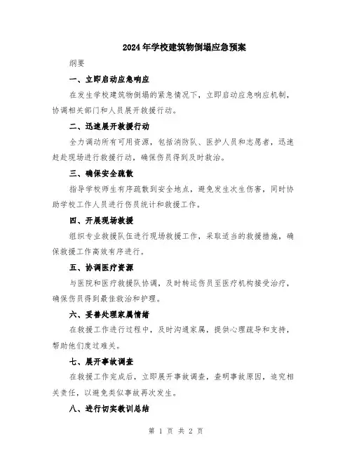 2024年学校建筑物倒塌应急预案