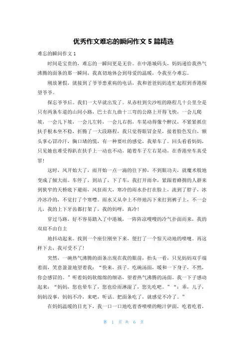 优秀作文难忘的瞬间作文5篇精选