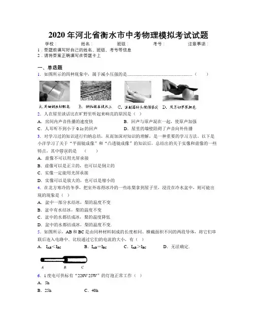 2020年河北省衡水市中考物理模拟考试试题附解析