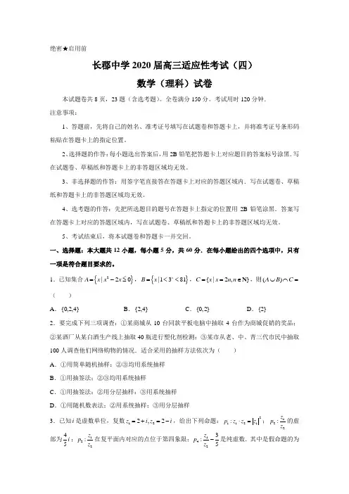 湖南省长郡中学2020届高三下学期第四次适应性考试数学(理)试题 Word版含答案