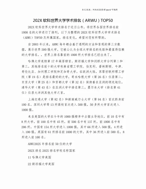 202X软科世界大学学术排名(ARWU)TOP50.doc