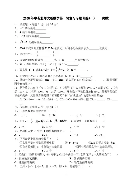 2006年中考北师大版数学第一轮复习专题训练(101)    实数
