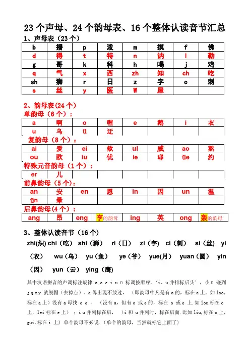 23个声母、24个韵母表、16个整体认读音节汇总-韵母表24个