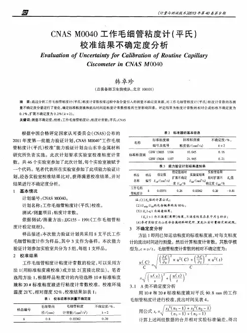 CNAS M0040工作毛细管粘度计(平氏)校准结果不确定度分析