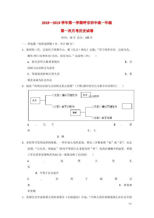 内蒙古呼和浩特市回民中学2018-2019学年高一历史上学期第一次月考试题