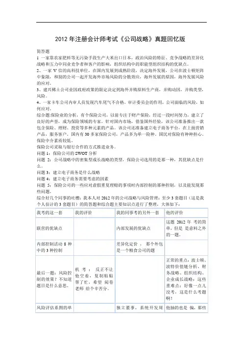 2012年注册会计师考试机考《公司战略与风险管理》真题回忆版