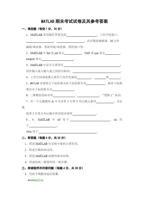MATLAB期末考试试卷及其参考答案[1]