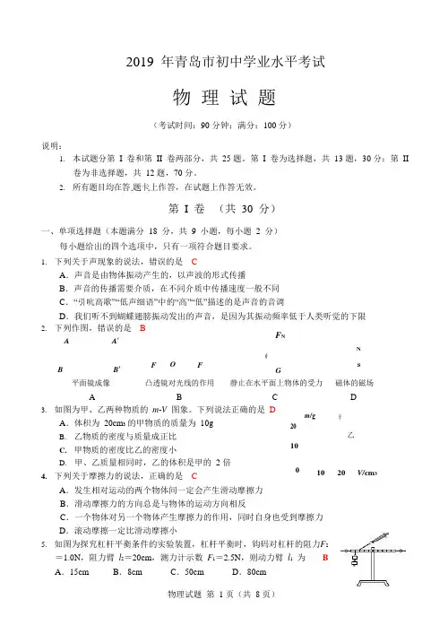 2019年山东省青岛市中考物理试题(WORD版,含答案)