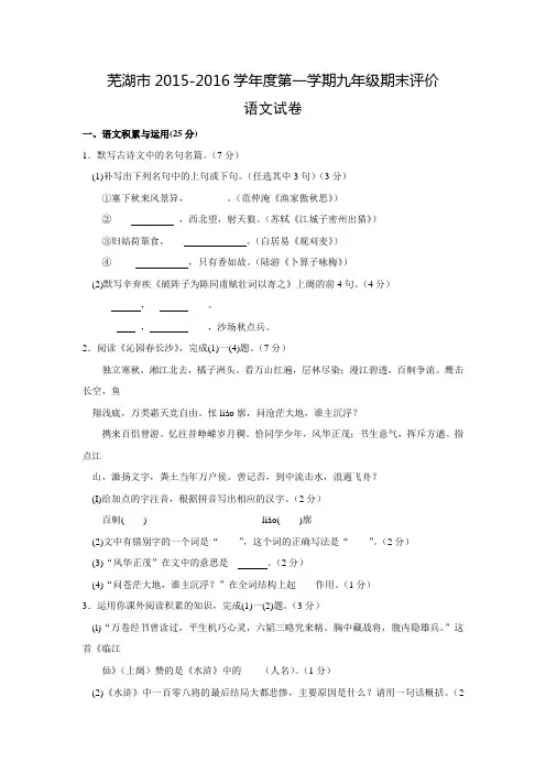 安徽省芜湖市2016届九年级语文上学期期末试题 新人教版