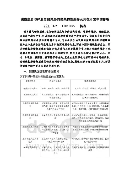 碳酸盐岩与碎屑岩的储集层的储集物性差异及其在开发中的影响
