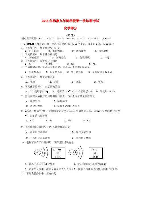 甘肃省武威市凉州区永昌镇和寨九年制学校九年级化学下学期第一次诊断考试试题