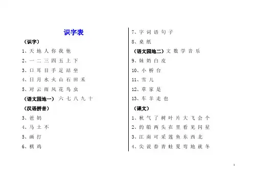 一年级生字表人教版上册