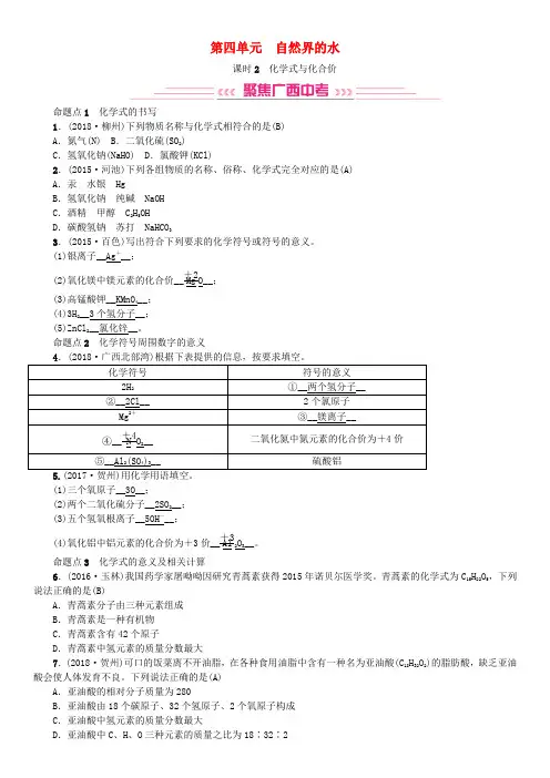 (广西专版)2019年中考化学总复习教材考点梳理第四单元自然界的水课时2化学式与化合价练习.doc