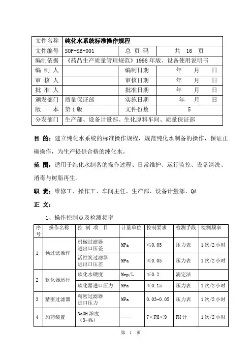 SOP-SB-001  纯化水系统标准操作规程