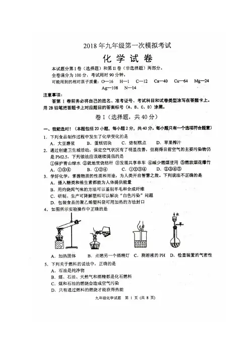 河北省保定市定兴县2018届九年级中考一模化学试题(图片版)