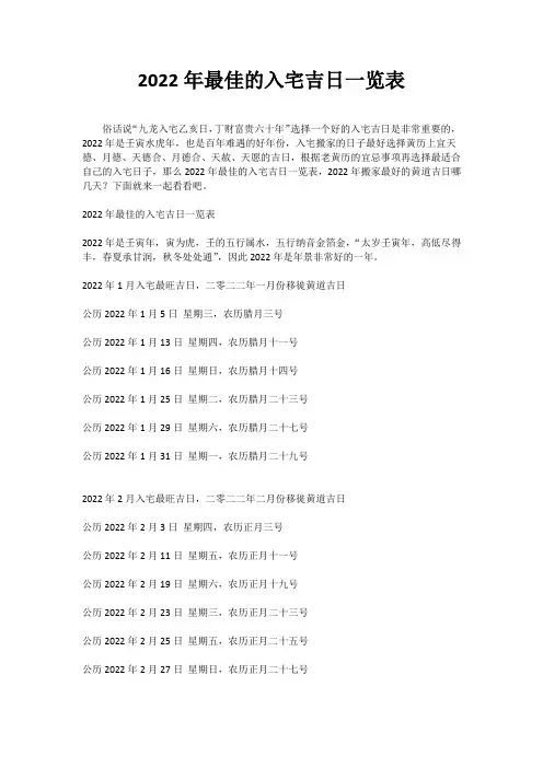 老黄历2022年乔迁吉日一览表