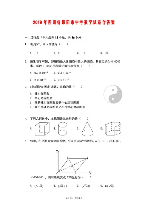 2019年四川省绵阳市中考数学试题含解析
