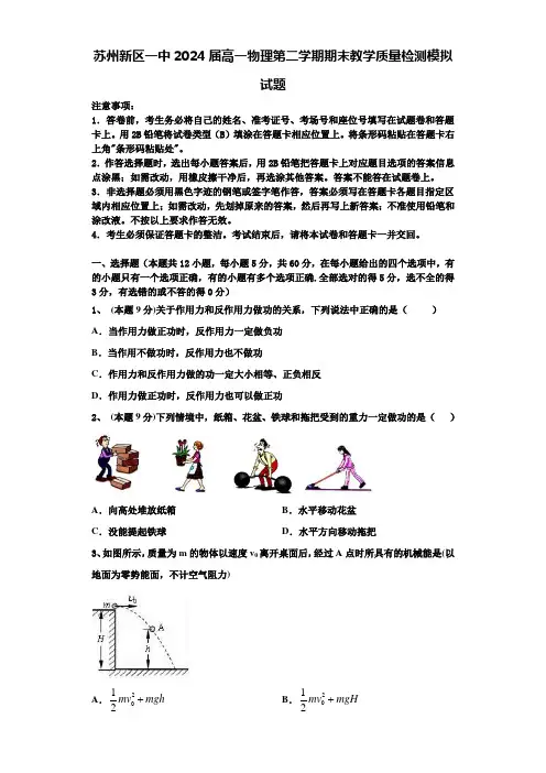 苏州新区一中2024届高一物理第二学期期末教学质量检测模拟试题含解析