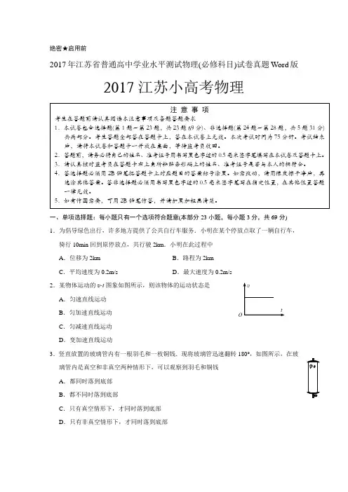 2017江苏学业水平测试物理真题小高考物理真题Word版可编辑带答案解析