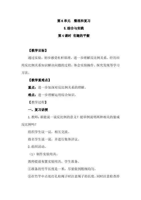人教数学六年级下册总复习(综合与实践)： 有趣的平衡 教案