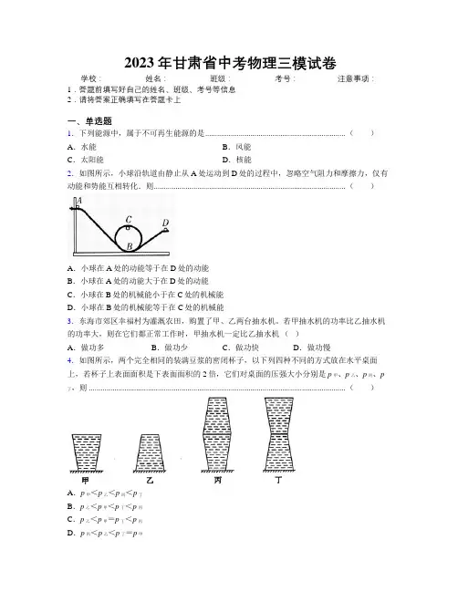 2023年甘肃省中考物理三模试卷附解析