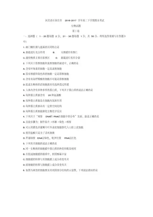 【精品】河北省石家庄市2016-2017学年高二下学期期末考试生物试题-含答案