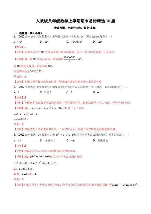 人教版八年级数学上学期期末易错精选30题(解析版)