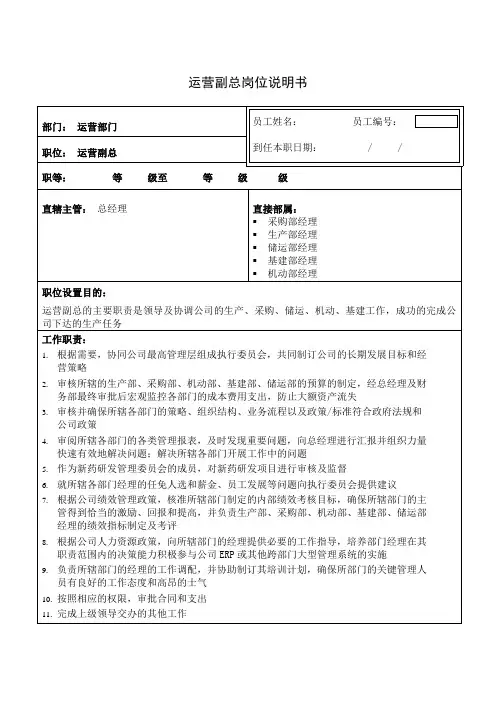 运营副总岗位说明书