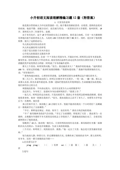 小升初语文阅读理解精编习题12套(含答案)