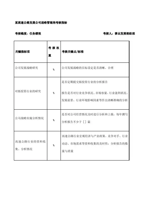 高速公路发展公司战略管理岗考核指标