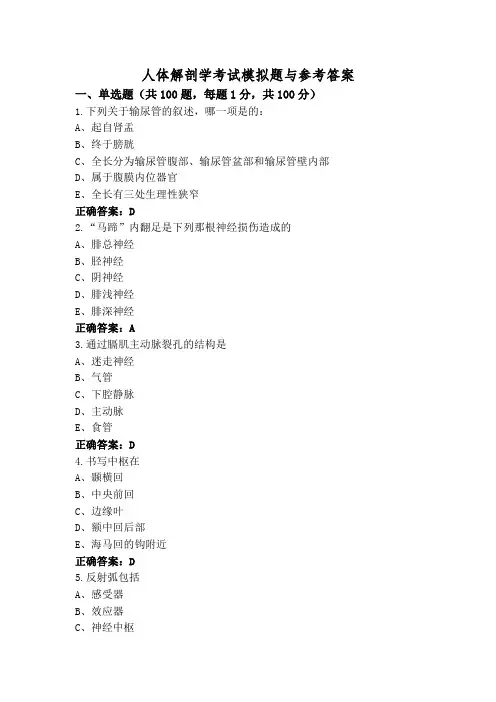 人体解剖学考试模拟题与参考答案