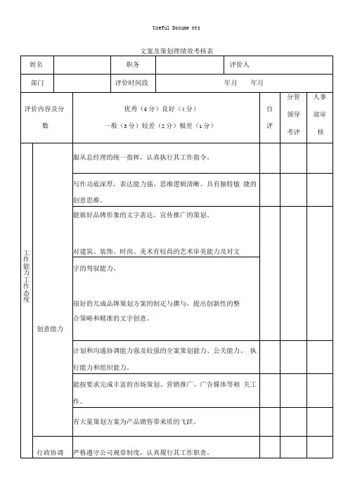 文案及策划绩效考核表