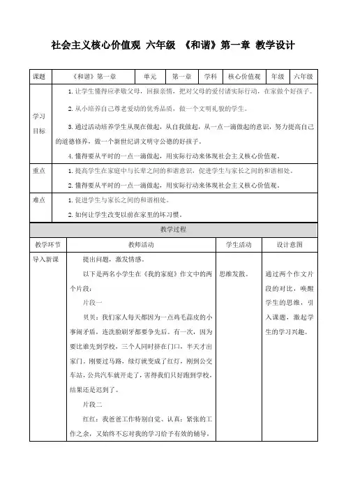 社会主义核心价值观 六年级  和谐 第一章（教案）