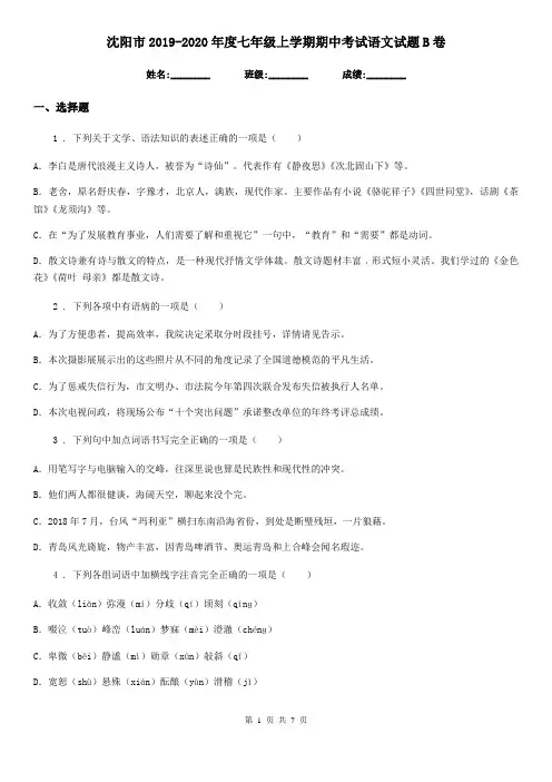 沈阳市2019-2020年度七年级上学期期中考试语文试题B卷
