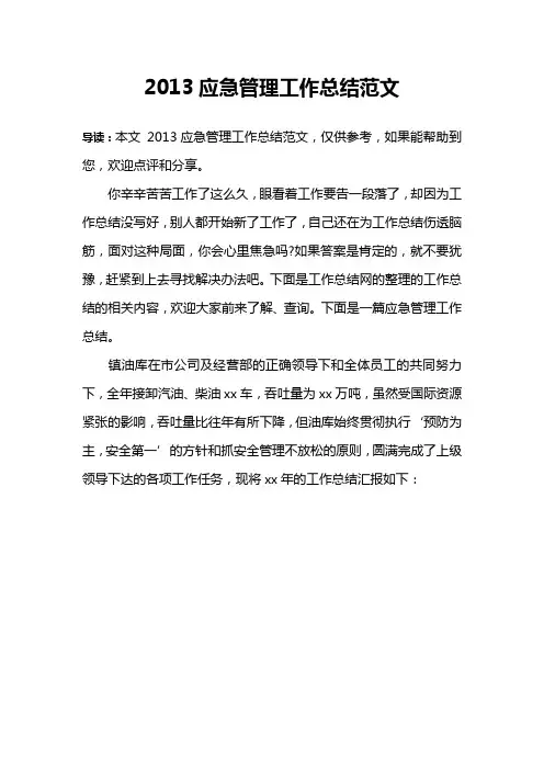 2013应急管理工作总结范文