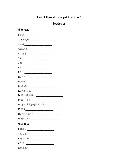 人教版七年级下册Unit3How do you get to school 重点词汇,短语和句子默写